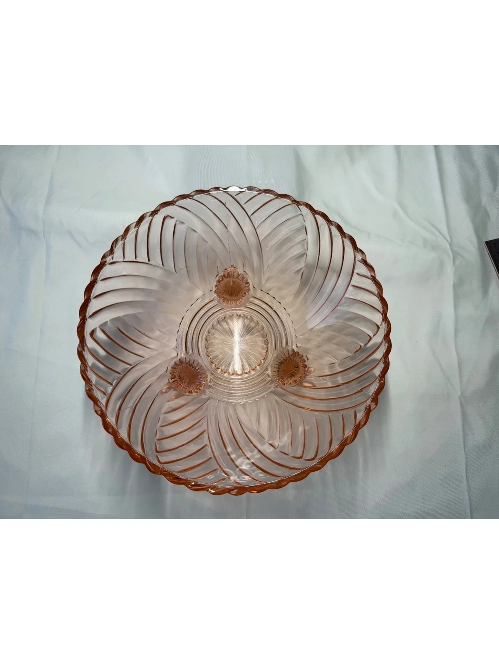 Vintage Pink Depression Glass Spiral Swirl 3 Footed Console Bowl Serving